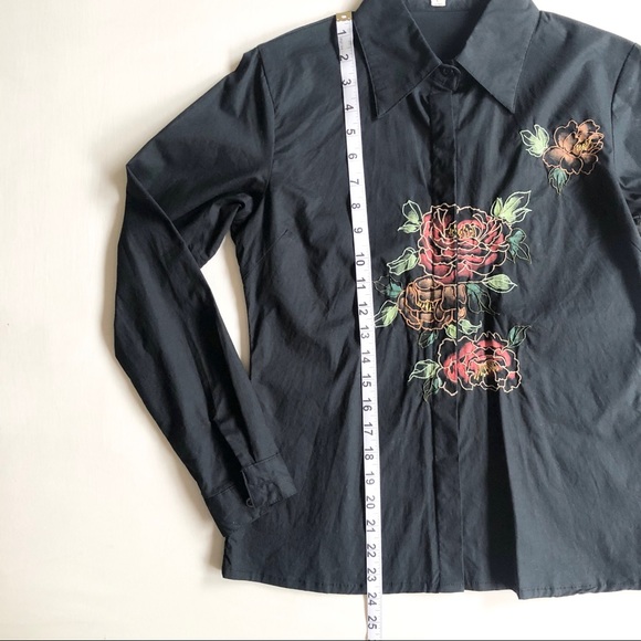 Black Floral Embroidery Cotton Button Down Shirt S - Picture 10 of 10